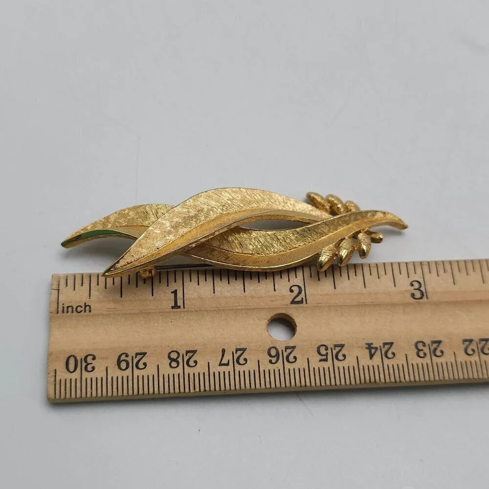 Monet Gold Tone Textured Leaf Brooch Pin Mid Century